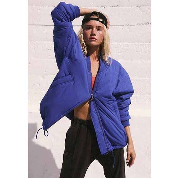 New Free People FP MOVEMENT Midnight Moon Solid Bomber Jacket $168 LARGE Colbalt - Picture 1 of 8